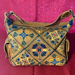 Isabella Fiore Tan Leather Embroidered Boho Shoulder Bag - Vibrant Floral Design